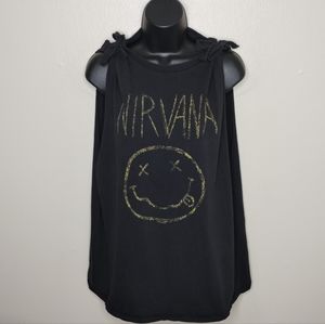 NIRVANA Women's XL Band T-shirt Chopped & Tied Tee Grunge Beach Distressed Retro